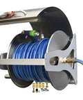 Stainless Steel Garden Hose Reel With Durable Protective Cover And Smooth Metal Crank For 50 Foot Hoses showing blue hose and brass fittings.