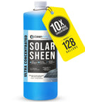 Solar Panel Cleaner Super Concentrated Formula, 32 Oz Makes Up To 128 Gallons, bottle with yellow tag and blue liquid