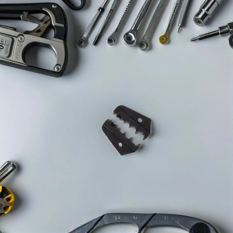 Heavy Duty Replacement Crimping Die For Wire Crimper Machine High Carbon Steel Terminal Tool Die on a workspace with tools.