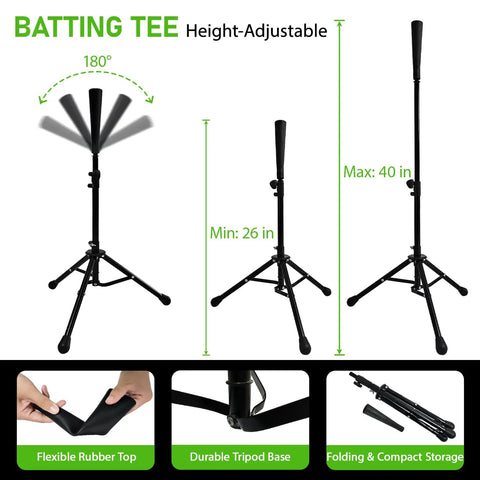 Height-adjustable batting tee for Six By Six Foot Baseball And Softball Training Net with foldable design and compact storage.