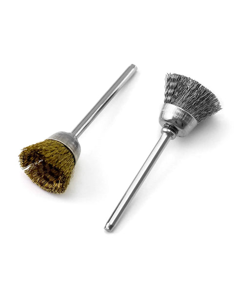 QWORK brass and stainless steel wire brush bits with long shanks; two bits, angled view shows gold and silver bristles.