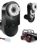24V 3250RPM High Power Motor Gearbox Upgrade for Ride-On Cars and Go Karts, beefed up torque motor with all-metal gears, shown from front and open view with toy car.
