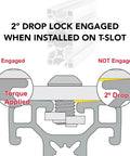 Diagram showing 2° drop lock engaged on T-slot of Badass Heavy Gauge 40X80 Millimeter T Slotted Aluminum Extrusion Rail.