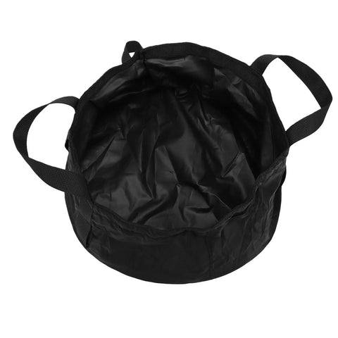 Collapsible Water Bucket For Camping And Travel Foldable Wash Basin, black nylon, 8.5L capacity, open view with handles