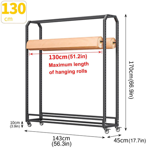 Vinyl Wrap Rack With Lockable Wheels, 12 Rods Fabric Organizer, 175cm Adjustable Storage Cart For Auto Shop And Craft Supplies, Heavy Duty Metal Frame, Customizable Rod Spacing For Rolls, 130cm roll length