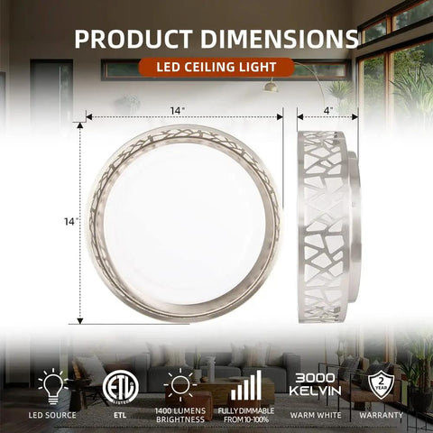 14 Inch LED Flush Mount Ceiling Light Fixture With Dimmable 3000K Warm White, 1400 Lumens, 20W, Brush Nickel Finish, ETL Listed