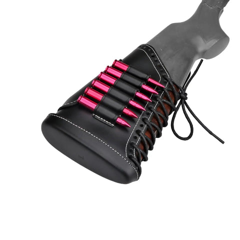 Leather Recoil Pad With Shell Holder For Rifle Buttstock Cheek Riser, Lace On, Black, Holds Up To Six Shells, Adjustable Strap