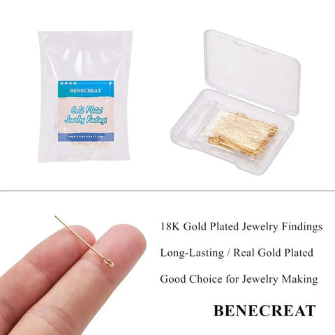 18K Real Gold Plated Eye Pins 21 Gauge 30mm Long, 100 Pack For DIY Jewelry Making, Beading Findings, Durable Craft Supply, Smooth Shine, Tarnish Resistant, Perfect For Earrings And Pendants, shown in pouch and storage case