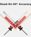 8 Pack Premium Corner Clamps For Woodworking, Precision 90 Degree Right Angle Positioning Squares In Aluminum Alloy With Storage Case, clamps holding wood at 90 degrees with measurement ruler.