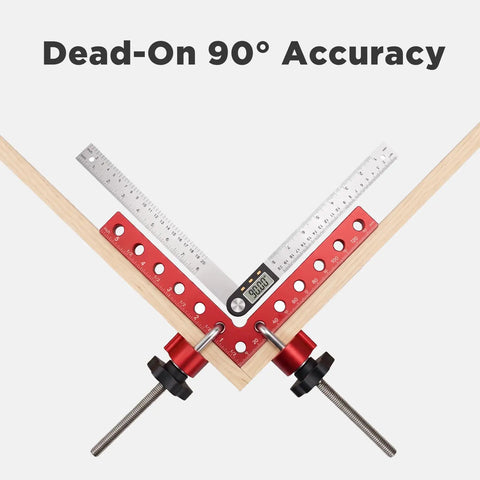 8 Pack Premium Corner Clamps For Woodworking, Precision 90 Degree Right Angle Positioning Squares In Aluminum Alloy With Storage Case, clamps holding wood at 90 degrees with measurement ruler.