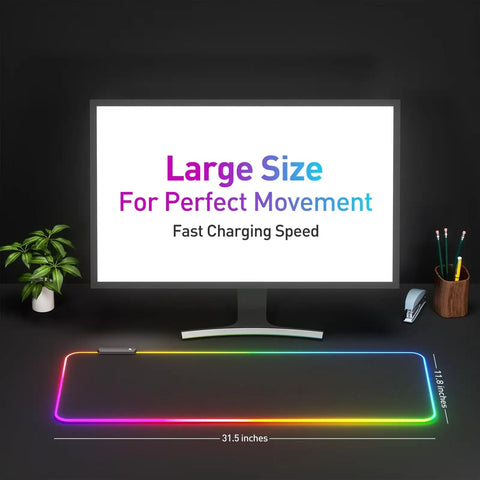 RGB Gaming Mouse Pad With Led Lights Large Size Big Mouse Mat For Pro Gamers And Casual Players Featuring 14 Lighting Modes And Power Off Memory in desk setup.