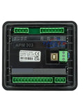 APM 303 rear view digital control panel for generator sets under 300kVA, black plastic housing with green terminal blocks