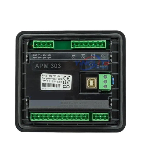 APM 303 rear view digital control panel for generator sets under 300kVA, black plastic housing with green terminal blocks