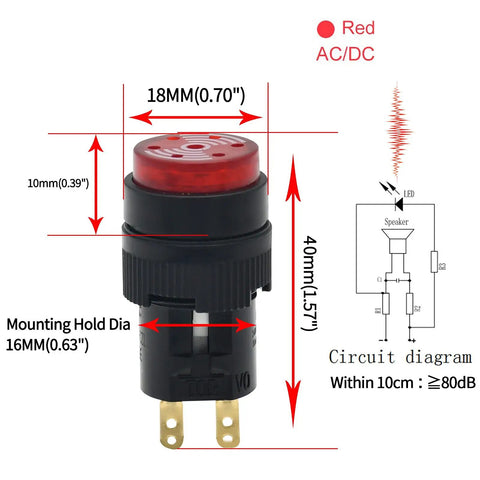 Diagram of 16mm Red Buzzer Indicator Light Lamp 12V DC LED with measurements, circuit, and 0.63 inch round cap for electrical panels