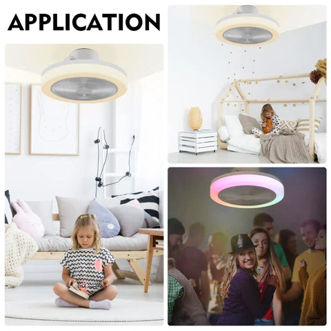 Enclosed Ceiling Fan With Light And Bluetooth Speaker Low Profile 18.1 Inch App Control for dimming RGB color change in different rooms.