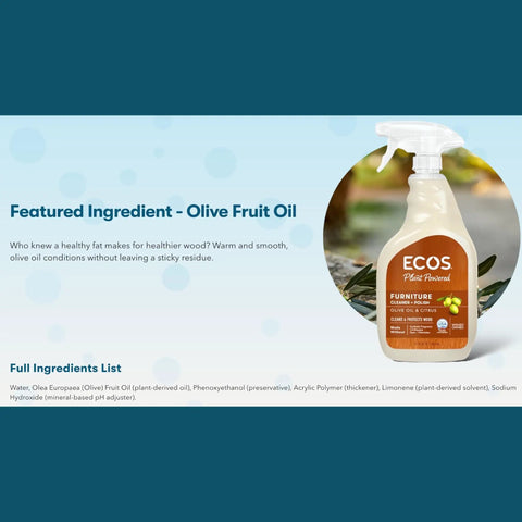 Eco Friendly Furniture Polish With Olive And Orange Oils For Wood Formica Particle Board And Vinyl Surfaces Gently Lifts Fingerprints Smudges And Dirt 22 Oz bottle with ingredients list.
