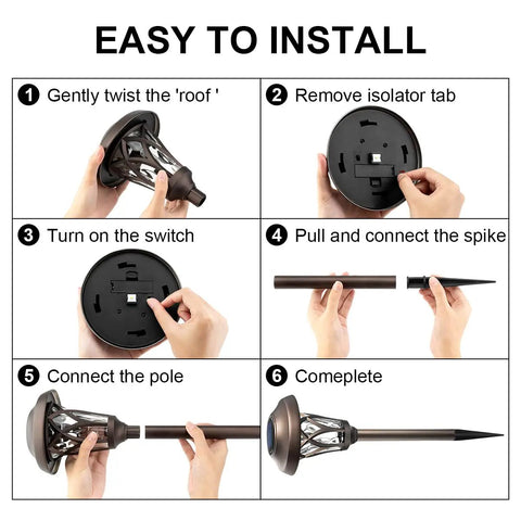Instructions for assembling 6 Pack Solar Pathway Lights Outdoor Set, Durable Metal, Glass And ABS Build, IP65 Waterproof