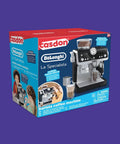 Front view of Casdon De'Longhi La Specialista toy coffee machine playset box, silver and black plastic.