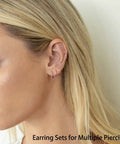 Six Piece Earring Set For Multiple Piercings With Lightweight 14K Gold Plated Tiny Huggie Hoop Earrings And Flat Back CZ Stud Earrings For Cartilage Helix And Lobe Piercings Hypoallergenic And Ear Stack Ready, rose gold ear stack on model
