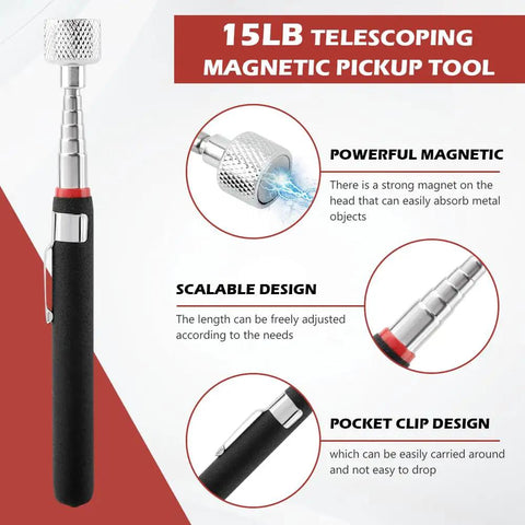3 Pc Awesome Telescoping Magnetic Pick Up Tool Kit With Bendable Spring Magnet Stick And Flexible Grabber Set That Lets You Reach Deep Into Tight Spots For Auto Repair Jobs Without Any Hassle. 15lb telescoping magnetic pickup tool, black handle, pocket clip