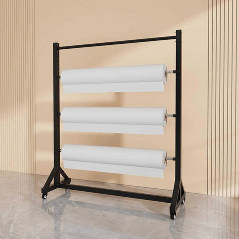 Heavy Duty Vinyl Roll Storage Rack With Wheels displaying four large rolls of fabric on a sturdy steel frame, ideal for organizing materials.