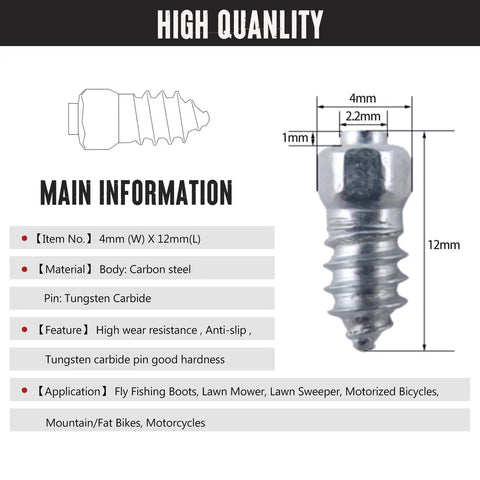 Heavy Duty Screw In Ice Traction Studs For Hunting Boots Snow Bikes Lawn Tractors And Atv Utv close-up of 4mmX12mm steel traction spike