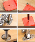 Portable Cabinet Hinge Jig Drill Guide Locator 35mm And 40mm, ABS Plastic, Gray, demonstrating hinge installation steps on wood