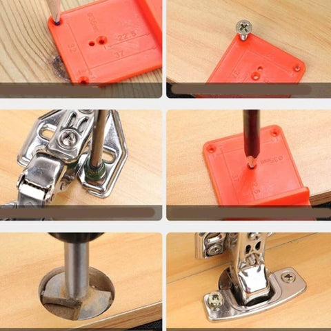 Portable Cabinet Hinge Jig Drill Guide Locator 35mm And 40mm, ABS Plastic, Gray, demonstrating hinge installation steps on wood