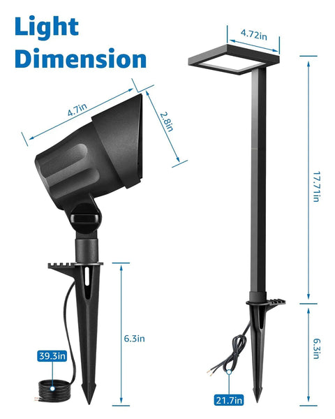 Dimensions of All In One Outdoor Landscape Lighting Kit With 60W Low Voltage Transformer, detailing spotlight and pathway light sizes