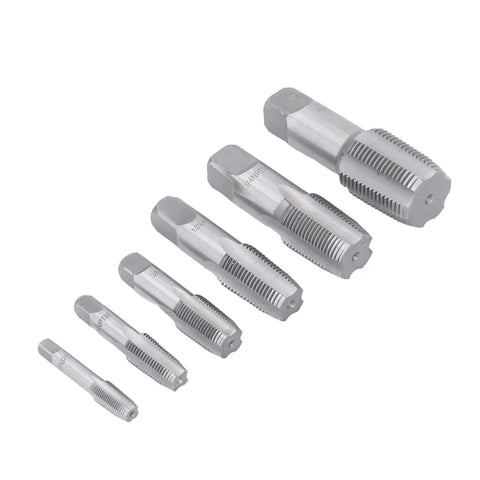 NPT Tap Set Six Piece Carbon Steel Pipe Threading Kit For Auto Shop Fixes Includes One Inch, Three Quarter Inch, One Half Inch, Three Eighth Inch, One Quarter Inch, One Eighth Inch Taps For Clean Starts, Precise Threads And Dependable Threading, six taps on white