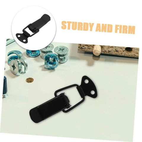 Universal Push Close Latch Kit With 4 Piece Spring Loaded Toggle Hasp shown on a workbench with hardware, black color