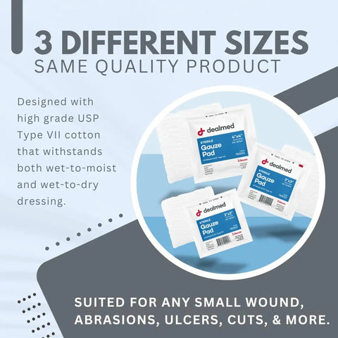 Image of sterile 2x2 gauze pads 100 count disposable and individually wrapped for wound care, with product details displayed.