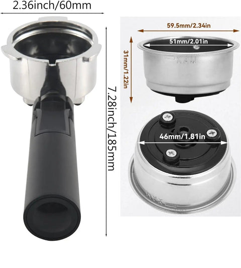 Solid 51mm Portafilter And Built Tough Bracket Handle For Espresso Machines With Pressurized Filter Fits KF6001 KF7001 KF5002, showing detailed measurements.