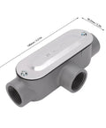 Built Tough Four Pack T Type Conduit Bodies Three Quarter Inch Threaded Die Cast Aluminum Electrical Junction Boxes Easy Routing For Real Pros Getting Jobs Done, showing a gray aluminum conduit box with threaded ports.