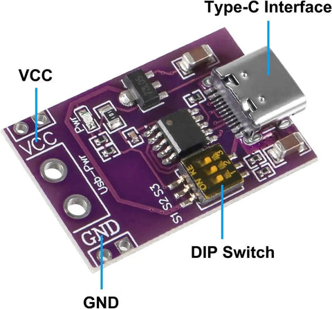 4 Pack Type C PD AFC USB PD Testing Board For Fast Charge Power Supply Change Module With Fixed 5V 9V 12V 15V 20V Output Supports PD2.0 PD3.0 QC2.0 QC3.0 AFC DIP Switch Voltage Adjustments close-up view, showing USB Type-C interface and DIP switch on a purple circuit board.