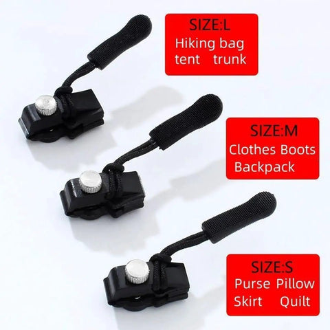 Image of a 6-Piece Zipper Repair Kit with removable heads for luggage, bags, backpacks, and clothes showing different sizes: L, M, S.