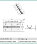 Diagram of Stainless Steel Cabinet Door Butt Hinge 60mm 75mm 100mm 150mm Length 1 Piece XK44075 with specifications.