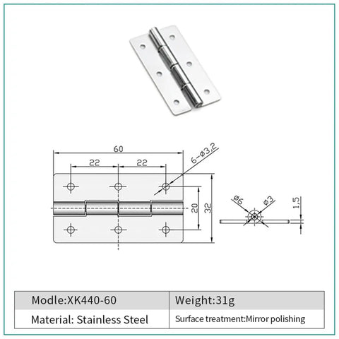 Diagram of Stainless Steel Cabinet Door Butt Hinge 60mm 75mm 100mm 150mm Length 1 Piece XK44075 with specifications.