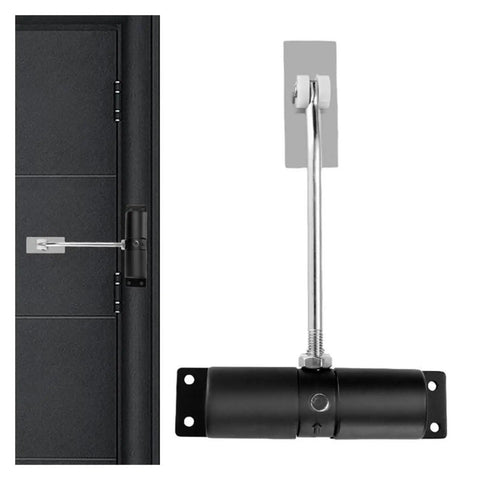 Spring Loaded Self Closing Gate Hinges for Gardens and Fences black metal hardware close-up on door and hinge detail