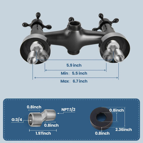 Wall Mount Bathtub Faucet With Telephone Handheld Sprayer, Dual Hot And Cold Mixer, dimensions illustration with fittings