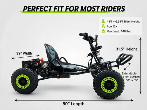 Off Road Electric Go Kart For Teens And Adults With 48V 2000W Brushless Motor Peak 2500W side view with size details