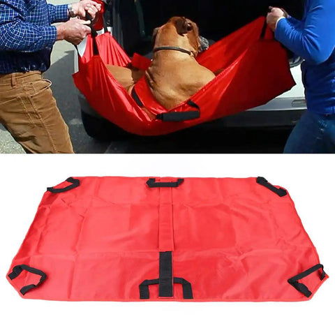 Heavy Duty Foldable Pet Stretcher With Secure Buckles Emergency Dog Carrier Transport Cot For Vet Runs Keeps Calm During Emergencies Supports 242 Pounds Solid As A Rock For Big Guys And Easy Hauling Red, showing a dog being carried.