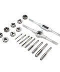 Gototop Heavy Duty Tap And Die Set For M3 To M12 Metric Threads, Alloy Tool Steel Threading Kit Includes Wrenches With Clear Size Markings In Plastic Case For Car Auto Repair And Workshop Hacks. taps, dies, and wrench holders on white background