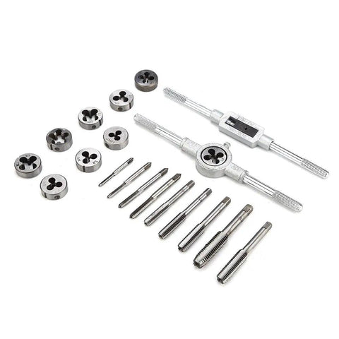 Gototop Heavy Duty Tap And Die Set For M3 To M12 Metric Threads, Alloy Tool Steel Threading Kit Includes Wrenches With Clear Size Markings In Plastic Case For Car Auto Repair And Workshop Hacks. taps, dies, and wrench holders on white background