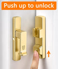 Heavy Duty Gold 90 Degree Barn Door Lock With Flip Gate Latch And Dual Secure Mounting Built Badass For Quick Install shown unlocking mechanism.