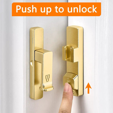 Heavy Duty Gold 90 Degree Barn Door Lock With Flip Gate Latch And Dual Secure Mounting Built Badass For Quick Install shown unlocking mechanism.