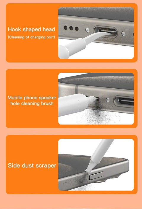 Black 32-in-1 electronics cleaning kit with hook-shaped port cleaner and phone speaker brush (front view)