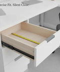 Open drawer showing Stainless Steel Soft Close Drawer Slides For Kitchen Cabinets And Wardrobes Built To Last Full Extension Quiet Heavy Duty Glides With Smooth Operation And Easy Install Replacement Hardware For Cabinet Drawers.
