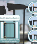 Diagram showing double locking system on 38.5 inch extra tall pressure mounted pet gate with walk through door, ideal for security.