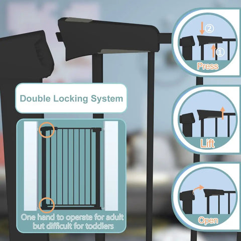 Diagram showing double locking system on 38.5 inch extra tall pressure mounted pet gate with walk through door, ideal for security.